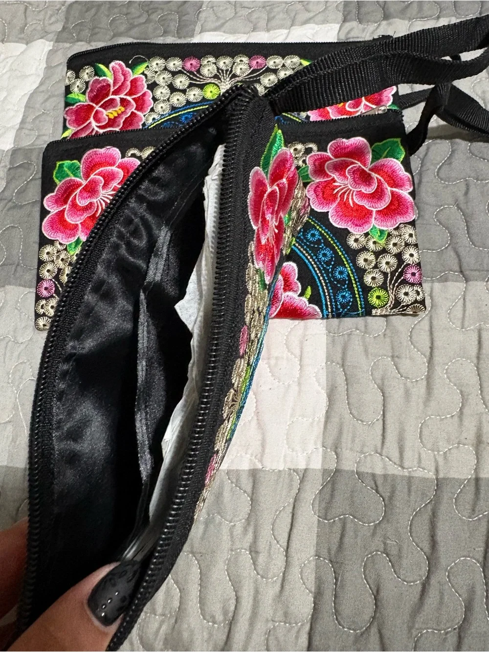 Set of 3 Black Floral Embroidered Wristlet Cosmetic Pouch - Pink Floral Design